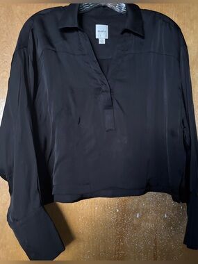 Maeve Anthropologie black silky collared popover blouse